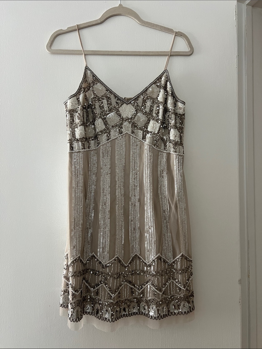 Aidan by Aidan Mattox Silver and White Sequins and Beaded Dress